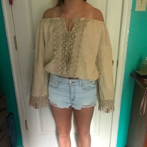 Tan off the shoulder blouse